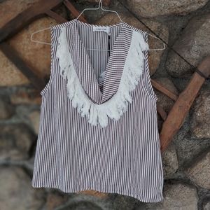 Line & Dot striped sleeveless shirt with Fringe cowl neck - Medium